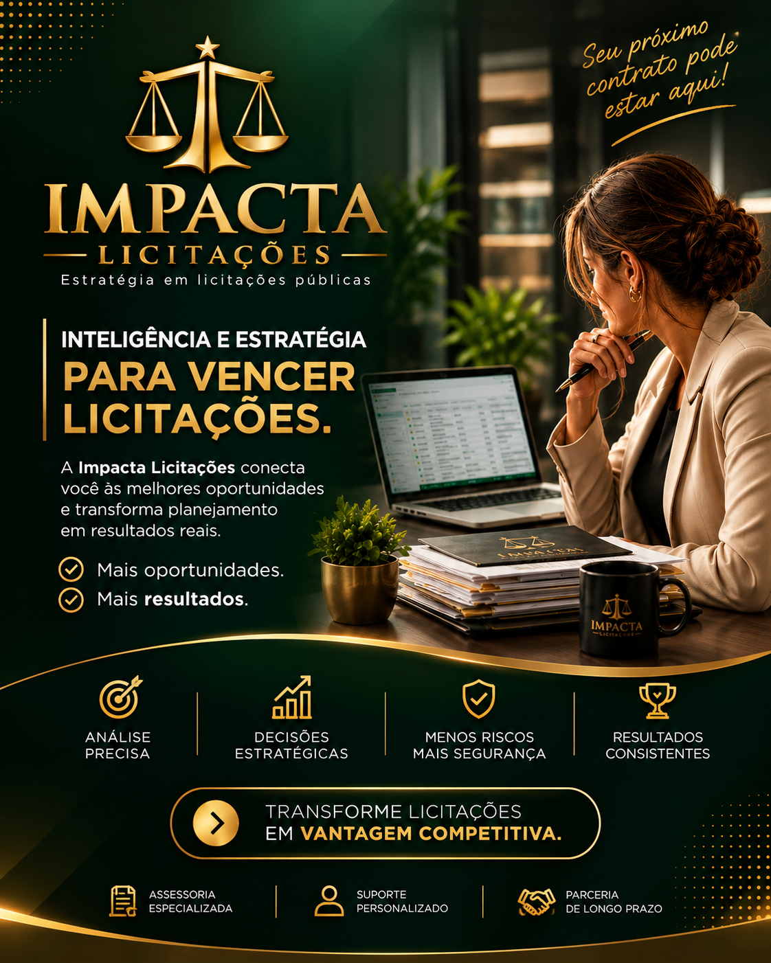 Cartaz do Impacta Licitações com inteligência e estratégia para vencer licitações