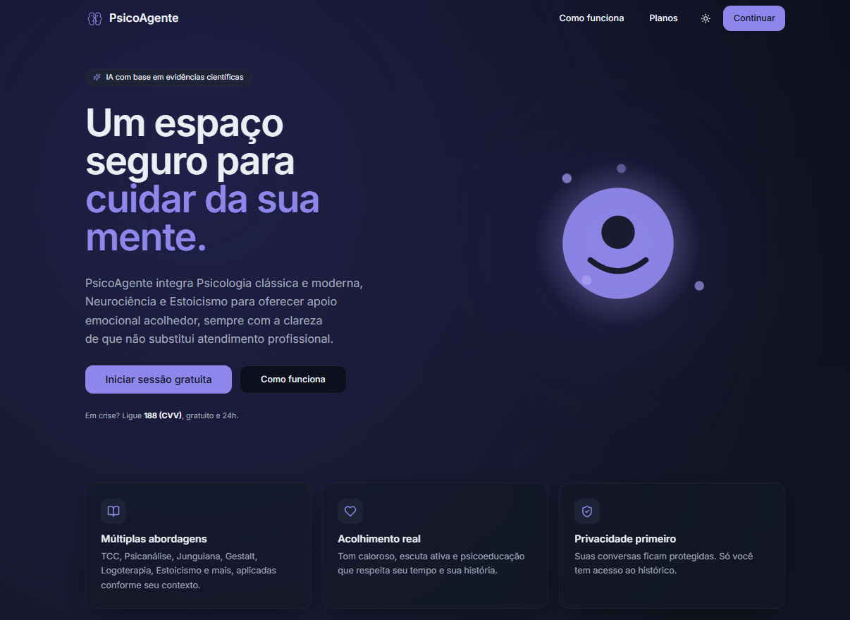Landing page do PsicoAgente com apoio emocional por IA