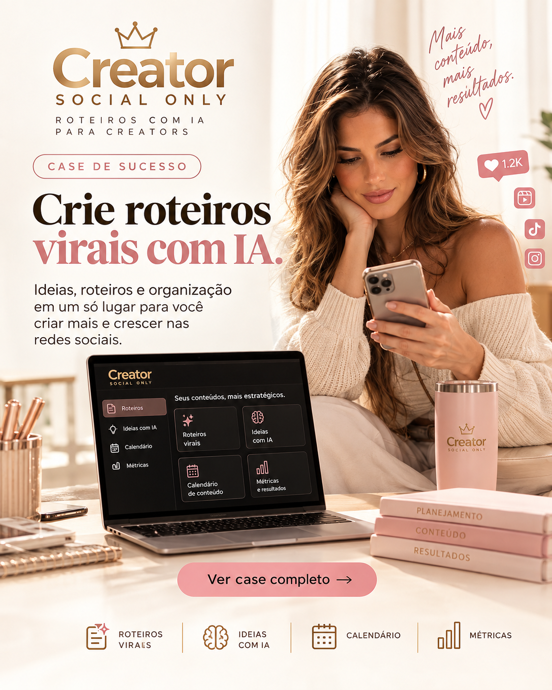 Painel do Creator SocialOnly com roteiros virais, ideias com IA, calendário e métricas