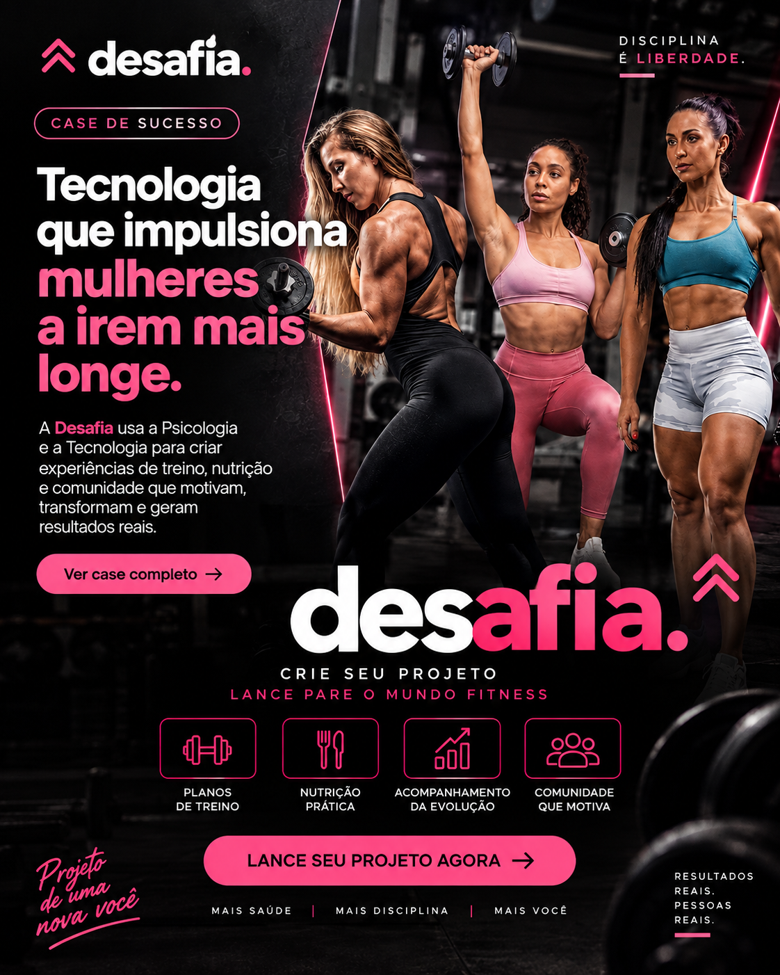 Cartaz do Desafia com treino, nutrição e comunidade para mulheres