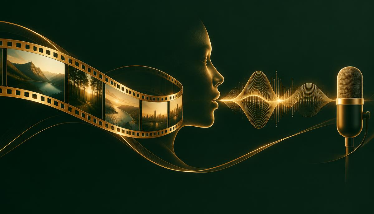 Ilustração de vídeo e voz gerados por inteligência artificial